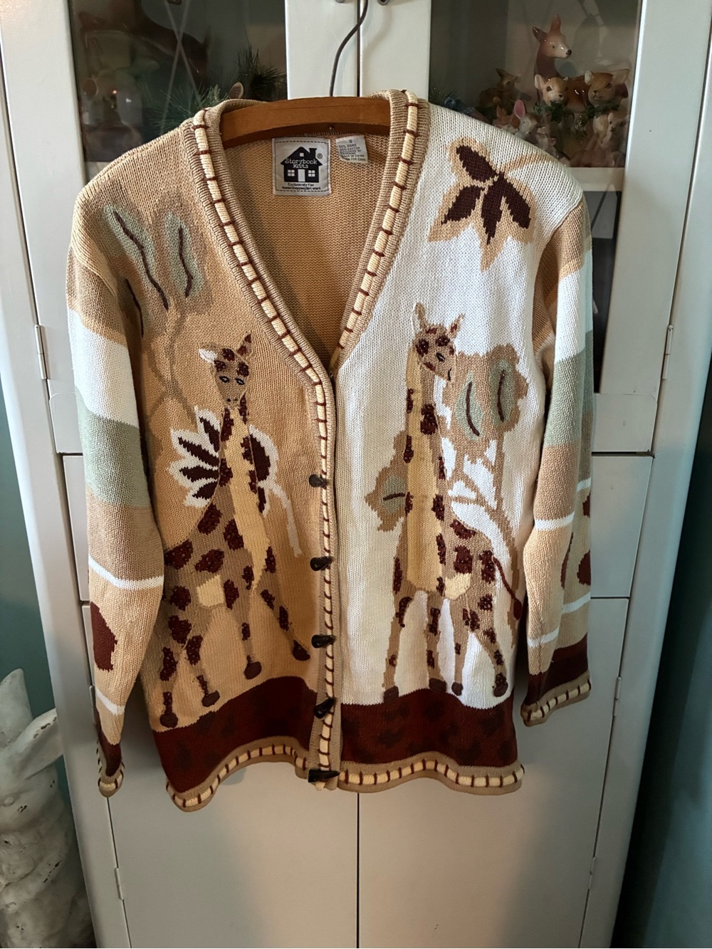 Storybook Knits sz S Vintage Giraffe Pattern Cardigan Sweater Toghle Buttons